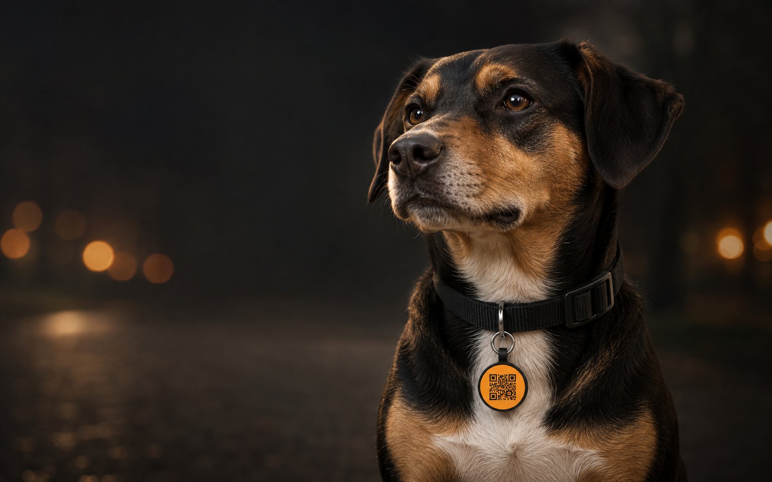 Pes s oranžovou QRdog známkou na obojku