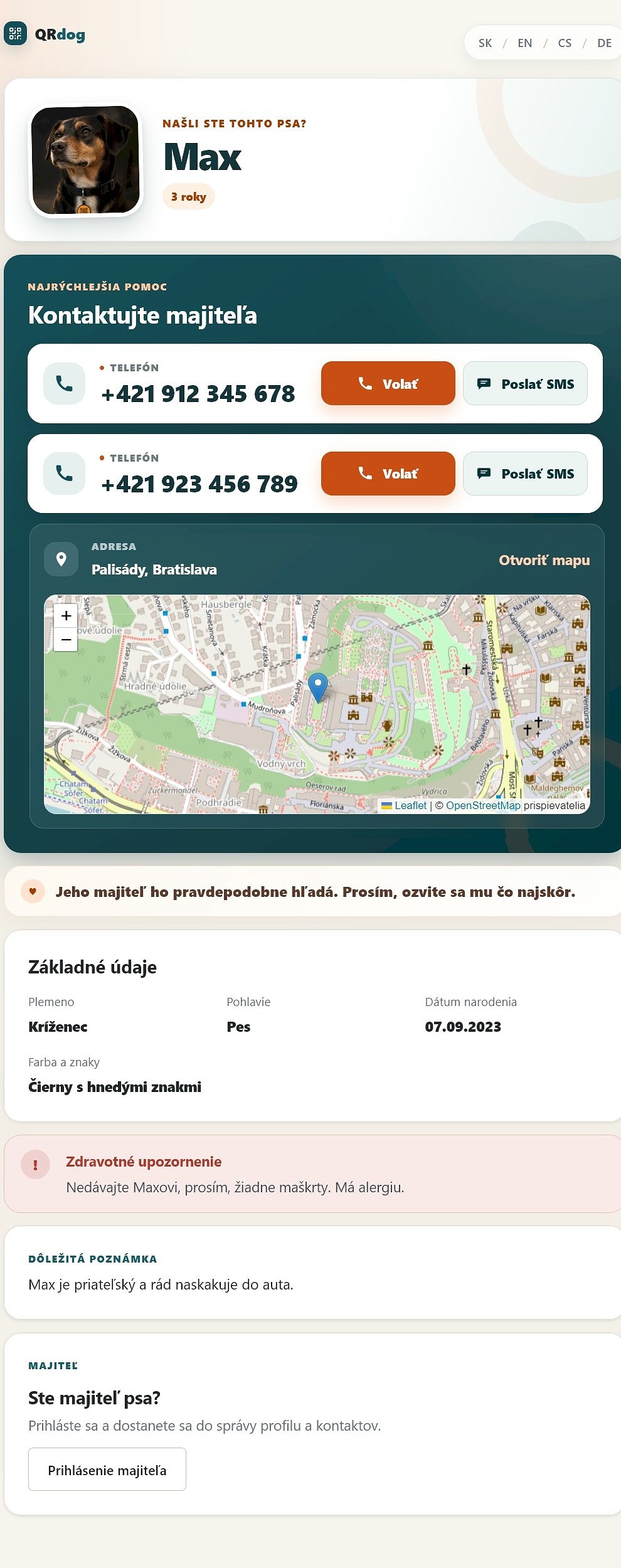 Verejný QRdog profil psa Maxa s kontaktmi, mapou a základnými údajmi